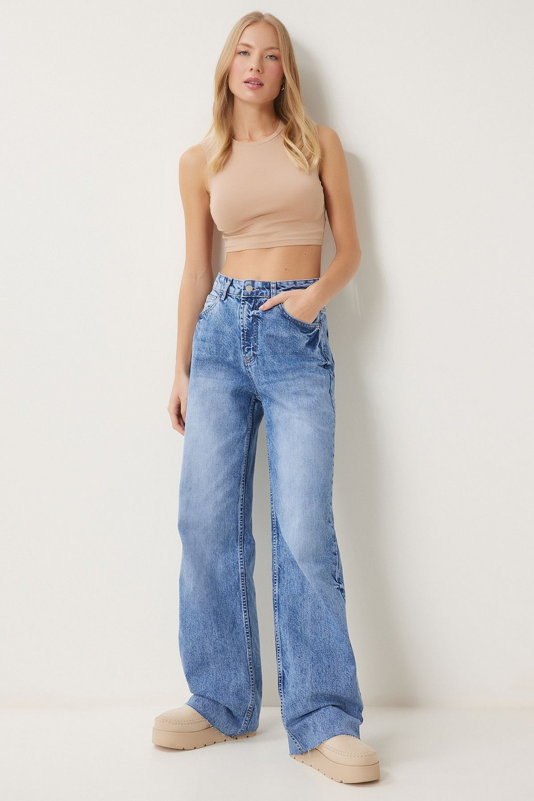 Happiness İstanbul Women's Blue High Waist Wide Leg Jeans