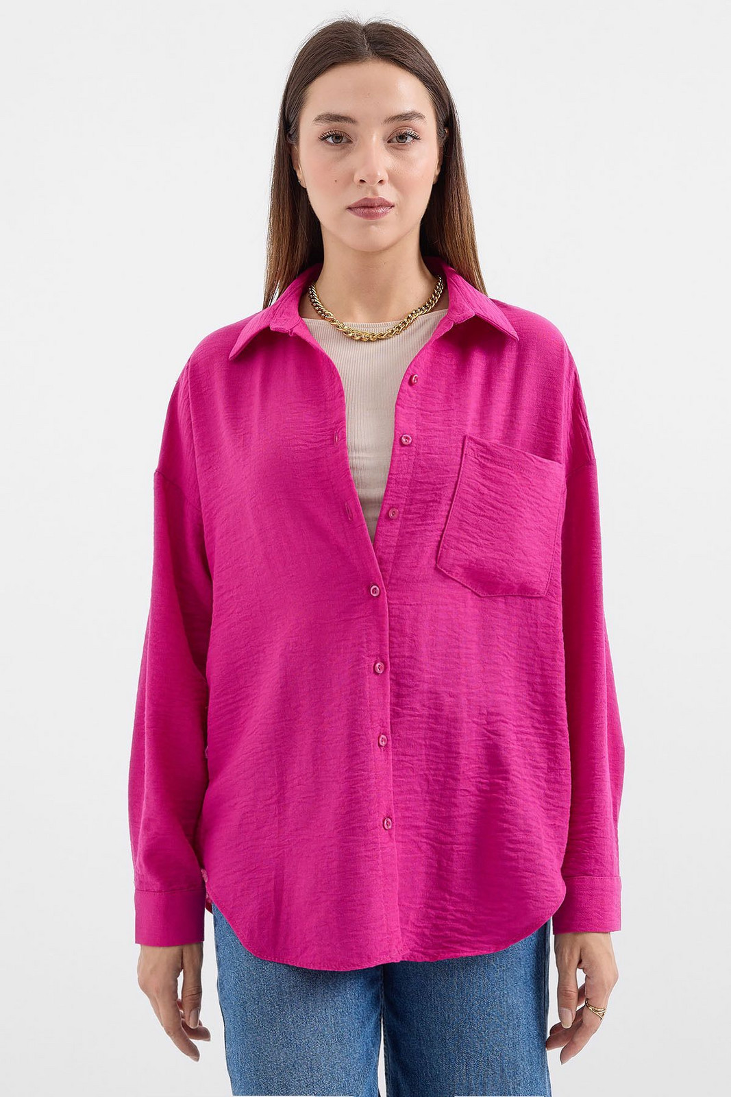 Bigdart 20153 Single Pocket Oversize Linen Shirt - Dark Pink