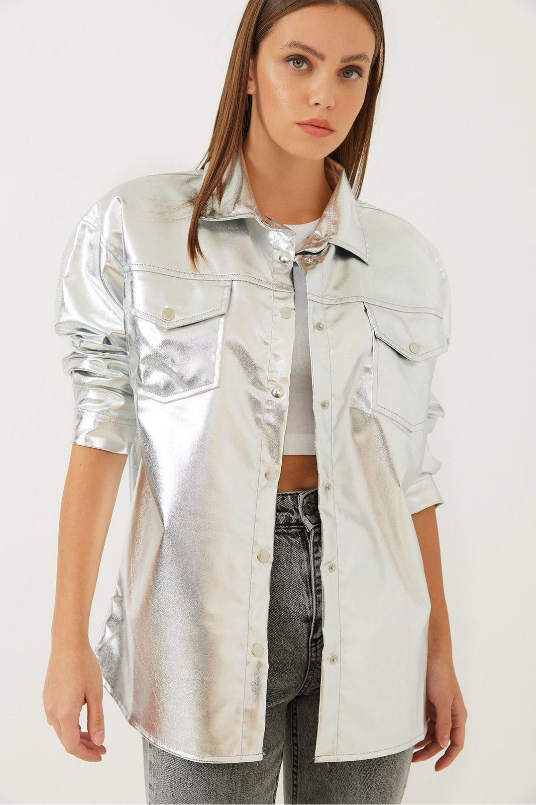 Bianco Lucci Women's Gilded Double Pocket Shirt 4424