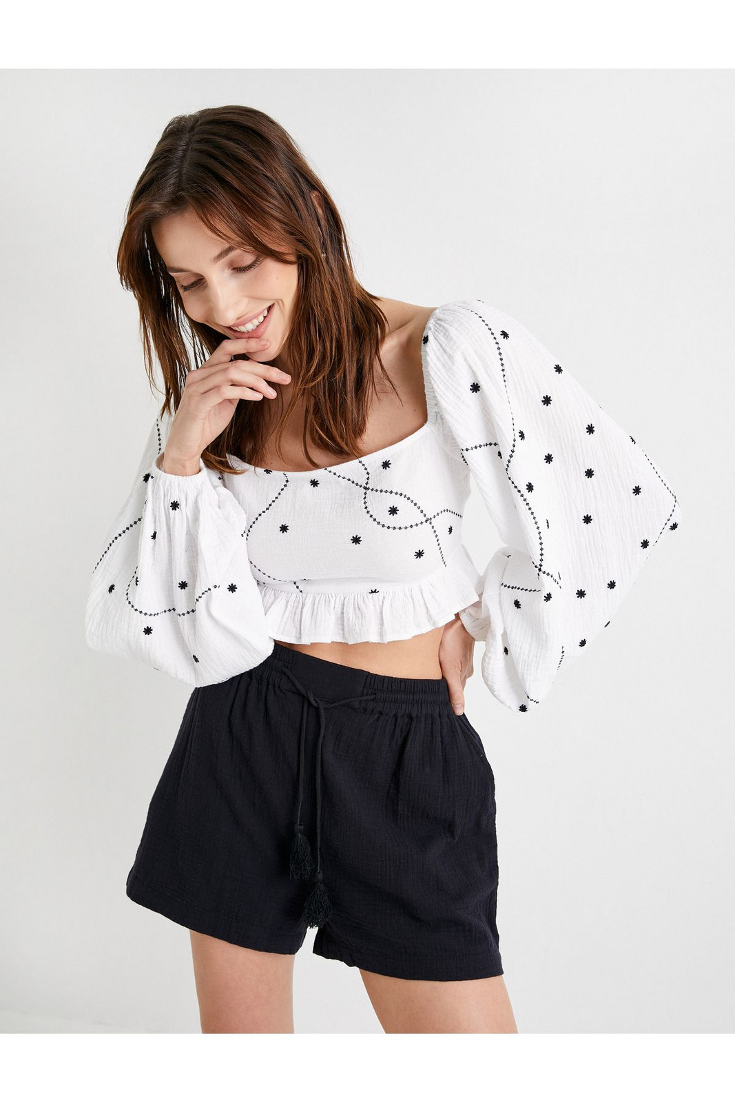 Koton Crop Blouse Balloon Sleeves Square Neck Embroidered Ruffles Gippeli