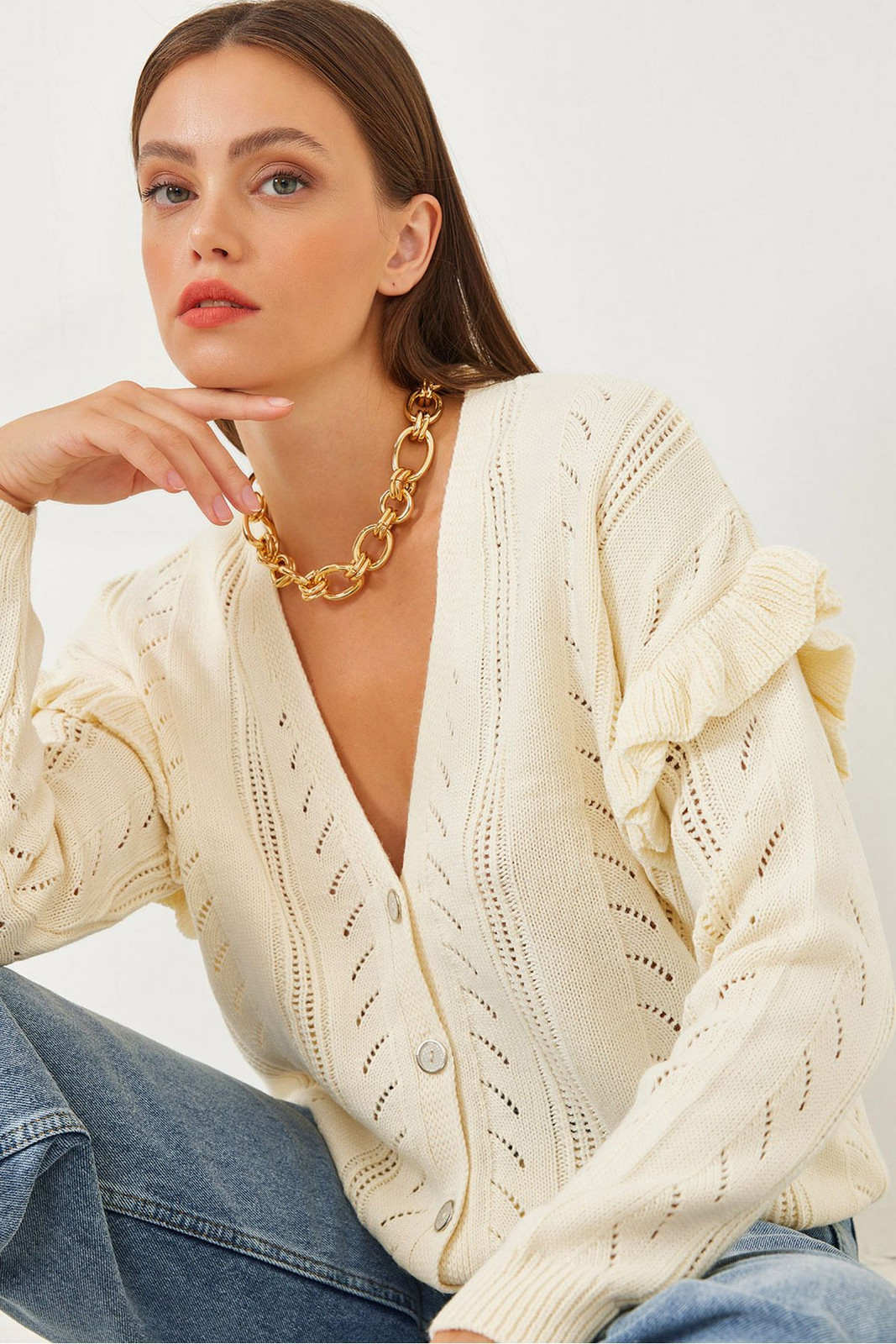 Bianco Lucci Women's Openwork Frilly Knitwear Cardigan
