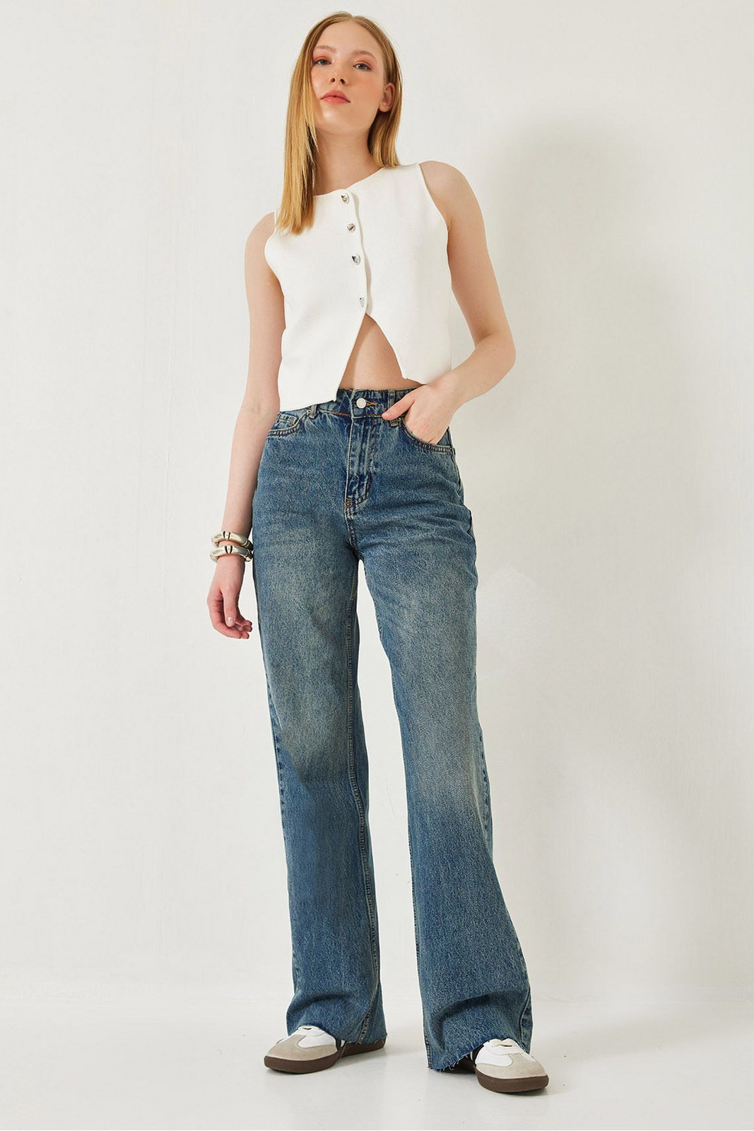 Bianco Lucci Women's Straight Wide High Waist Cut Leg Long Denim Washed Trousers