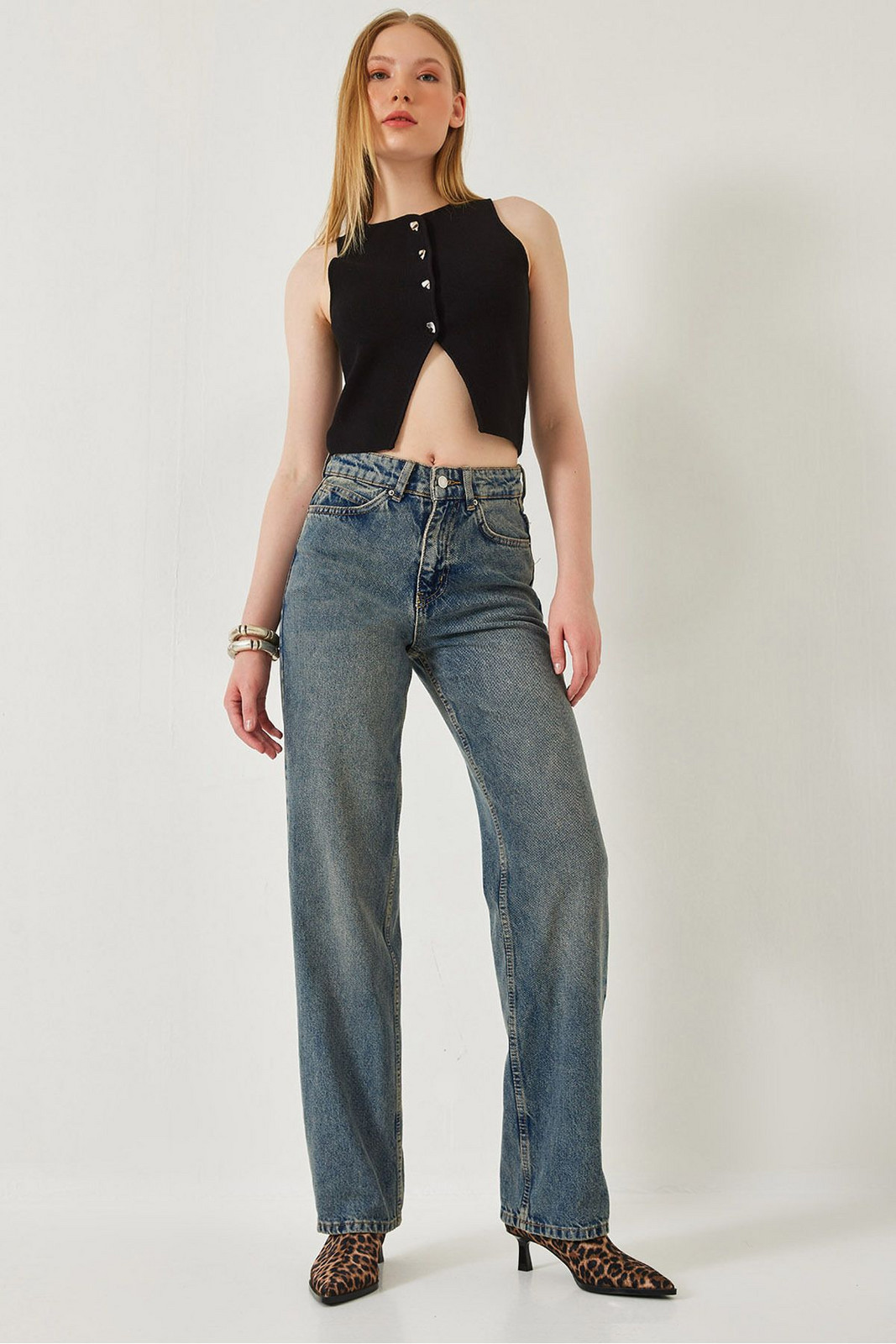 Bianco Lucci Women's High Waist Wide Leg Denim Pants 1275-TINT