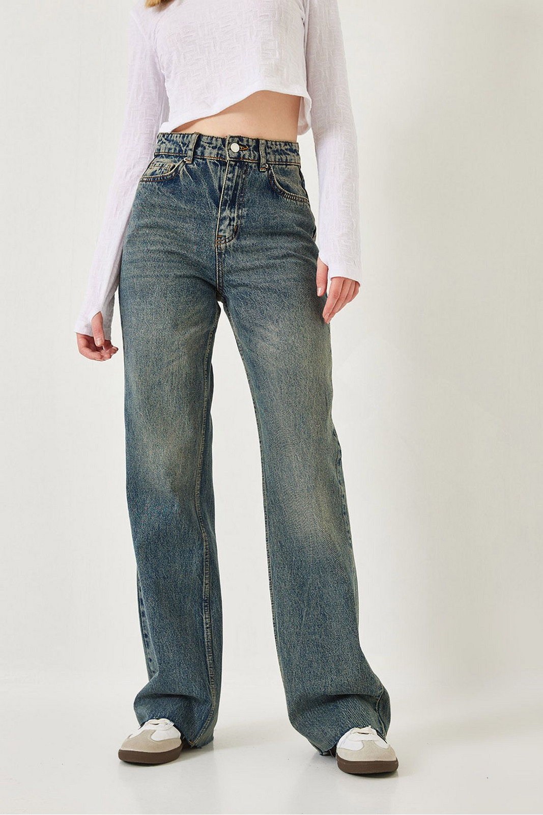 Bianco Lucci Women's Straight Wide High Waist Leg Cut Long Denim Washed Trousers 1077