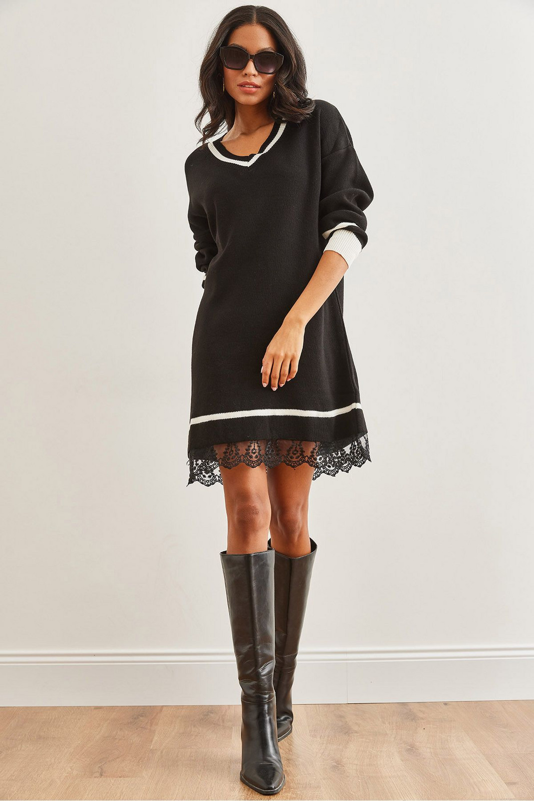 Olalook Women's Black V Neck Lace Detailed Knit Dress