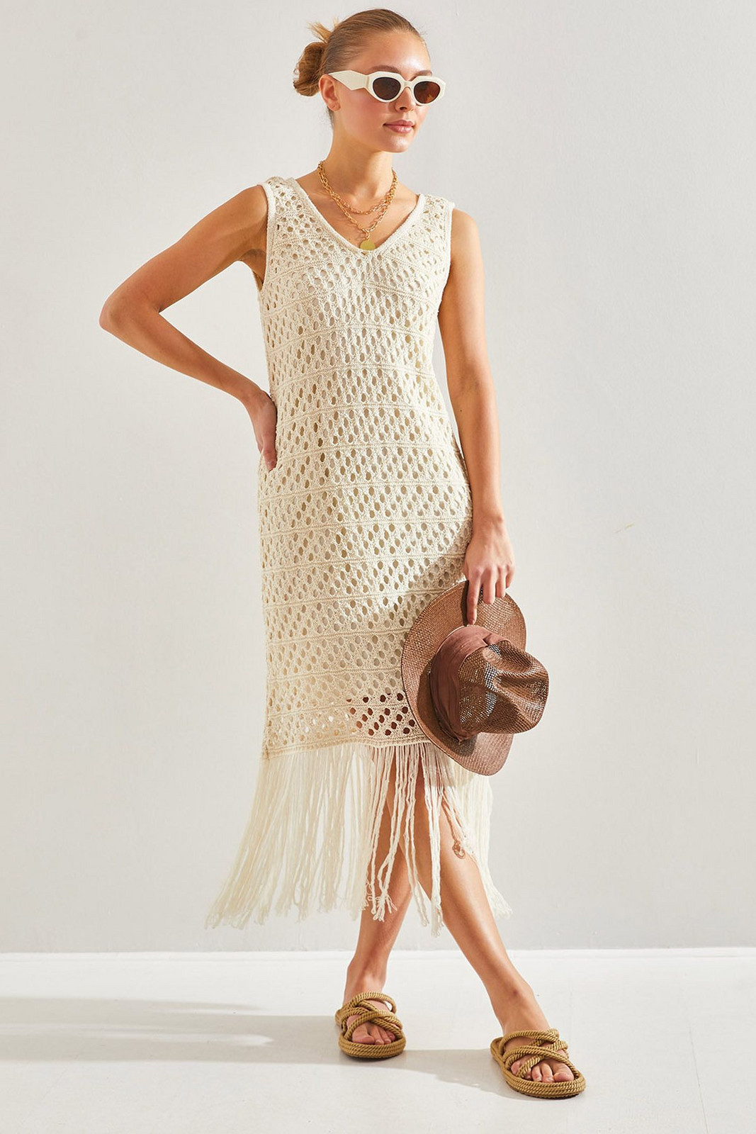 Bianco Lucci Women's Openwork Lined Tasseled Knitwear Dress
