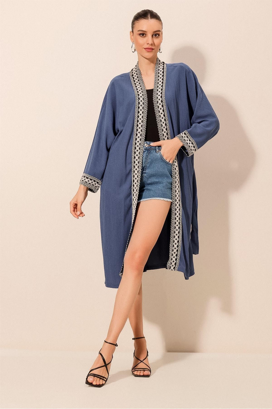 Bigdart 5865 Embroidered Knitted Long Kimono - Indigo