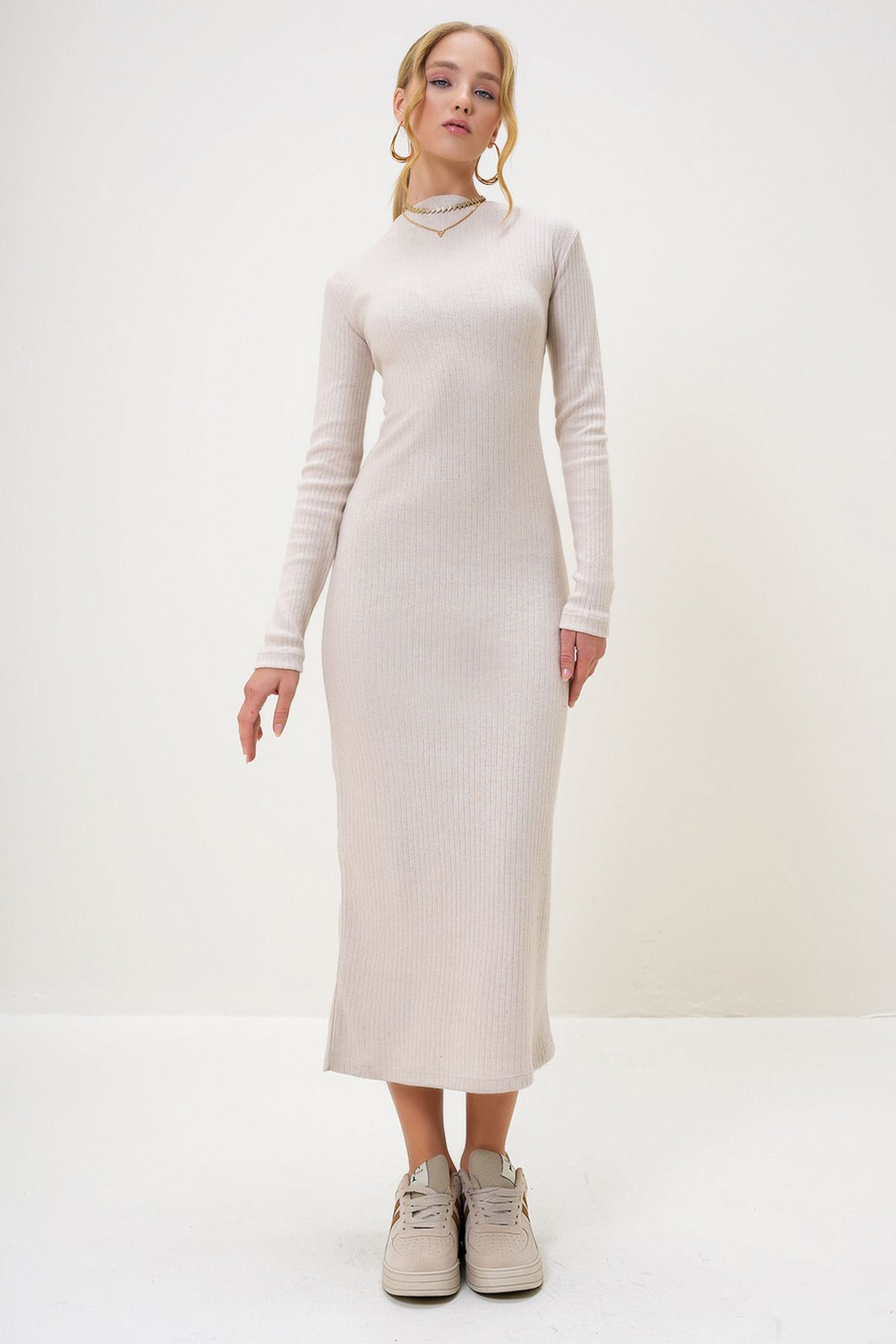 Trend Alaçatı Stili Women's Stone Crew Neck Long Sleeve Interlock Fabric Maxi Length Dress