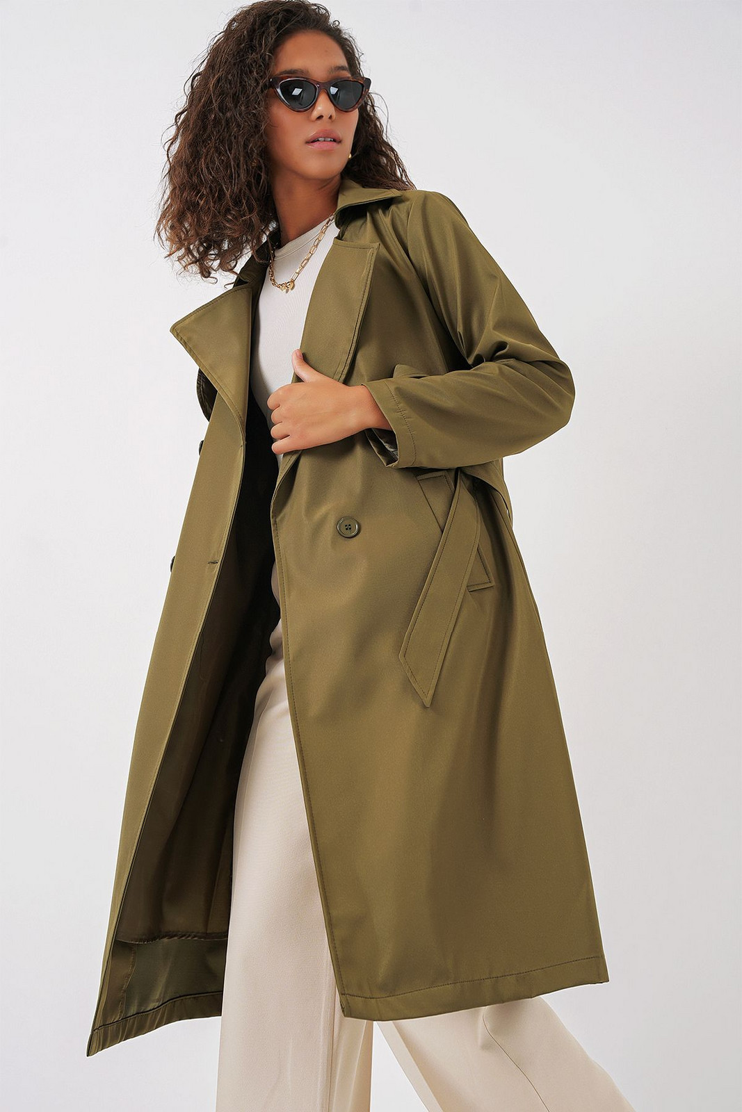 Bigdart 5918 Double Breasted Lapel Trench Coat - Khaki