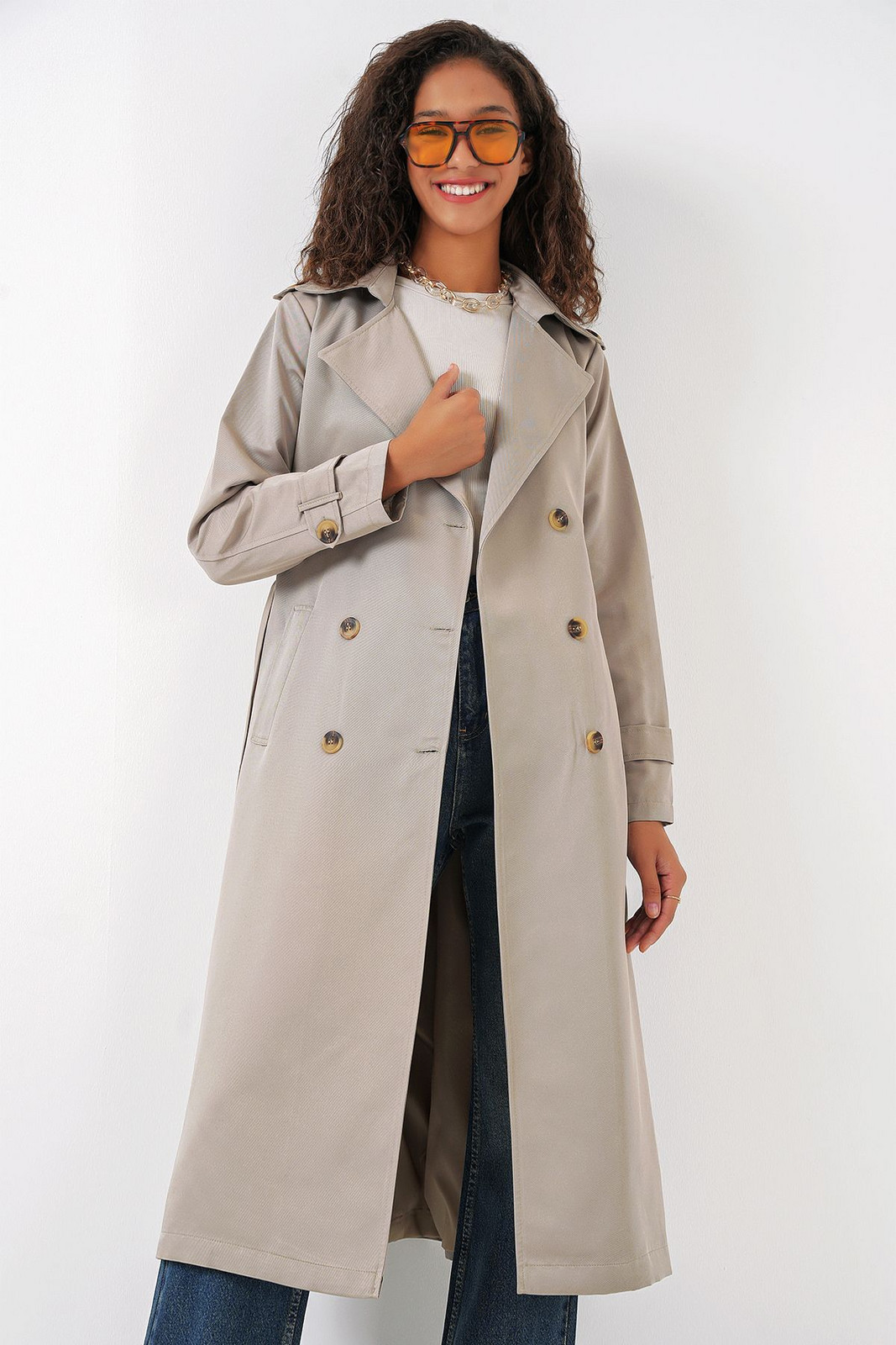 Bigdart 5940 Women's Double Breasted Collar Long Trench Coat - Stone