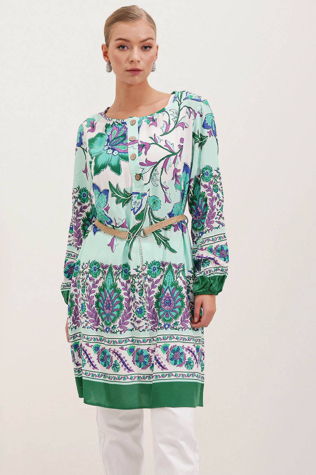 Bigdart 5902 Belted Patterned Dress - Green