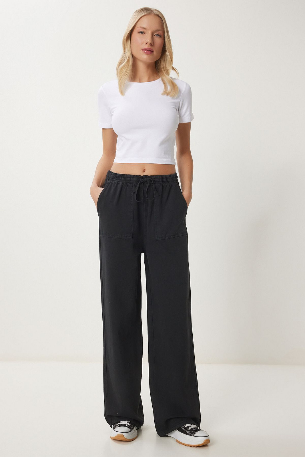 Happiness İstanbul Women's Black Pale Effect Wide Leg Denim Palazzo Pants