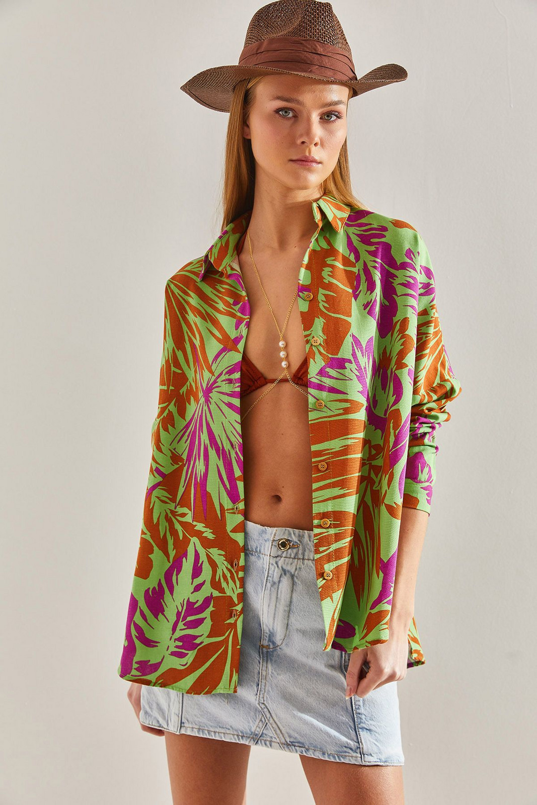 Bianco Lucci Women's Multi Pattern Colored Linen Shirt