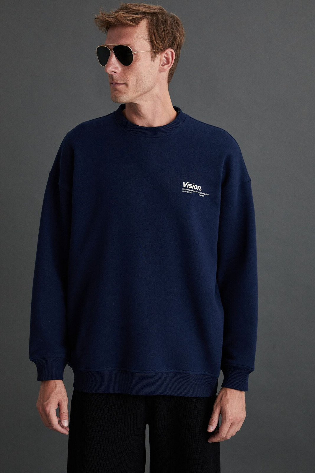 GRIMELANGE Ernest Men's Soft Inside Fleece Print Detailed Organic Cotton Oversize Navy Blue Sweatshir