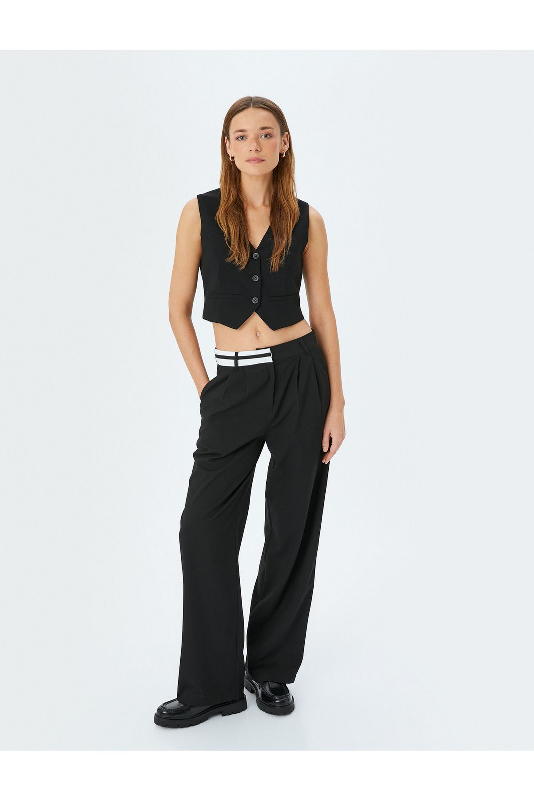 Koton Contrast Waist Detail with Pockets Straight Wide Leg Fabric Trousers