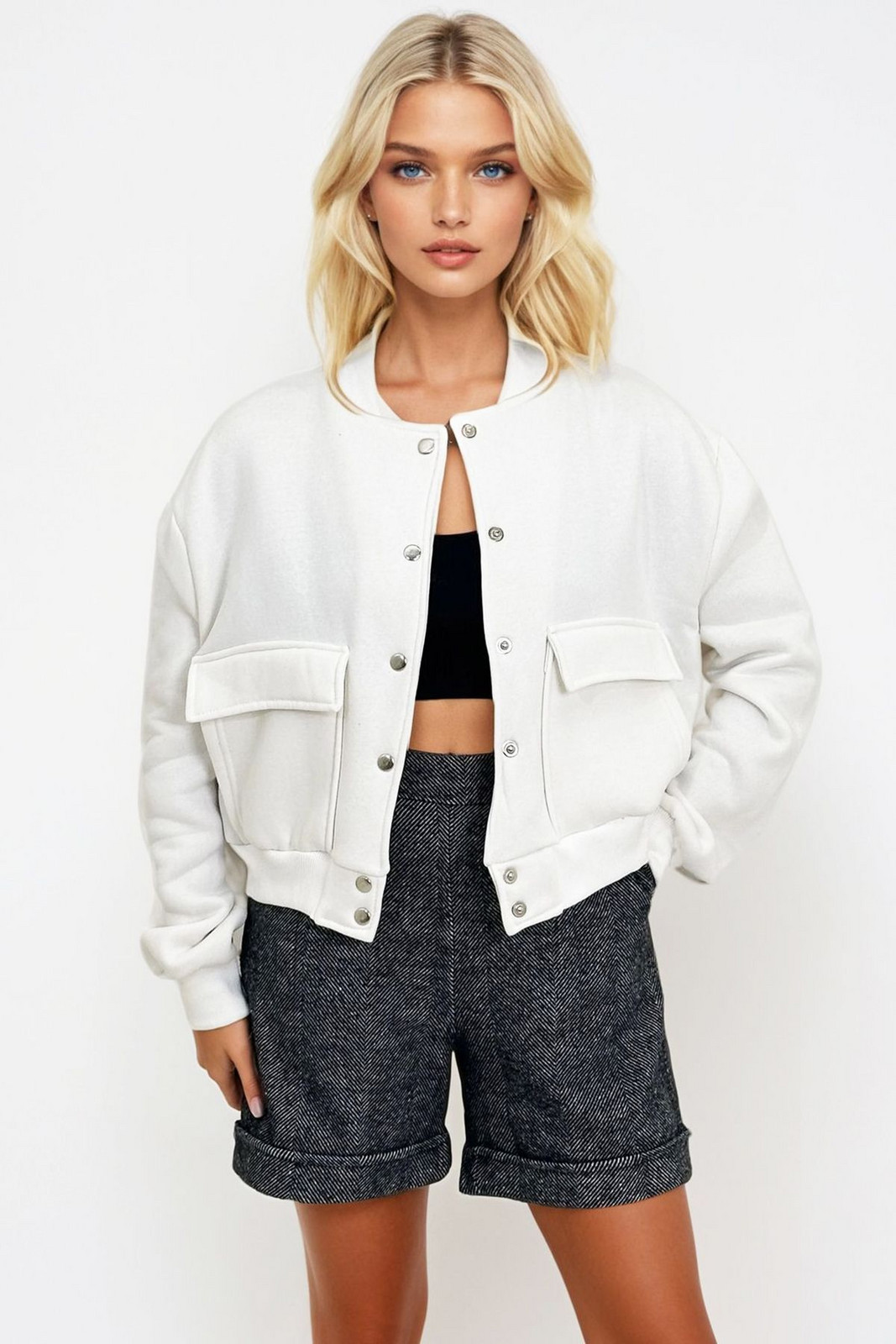 Trend Alaçatı Stili Women's White Snap Closure Double Pocket Raster Crop Jacket