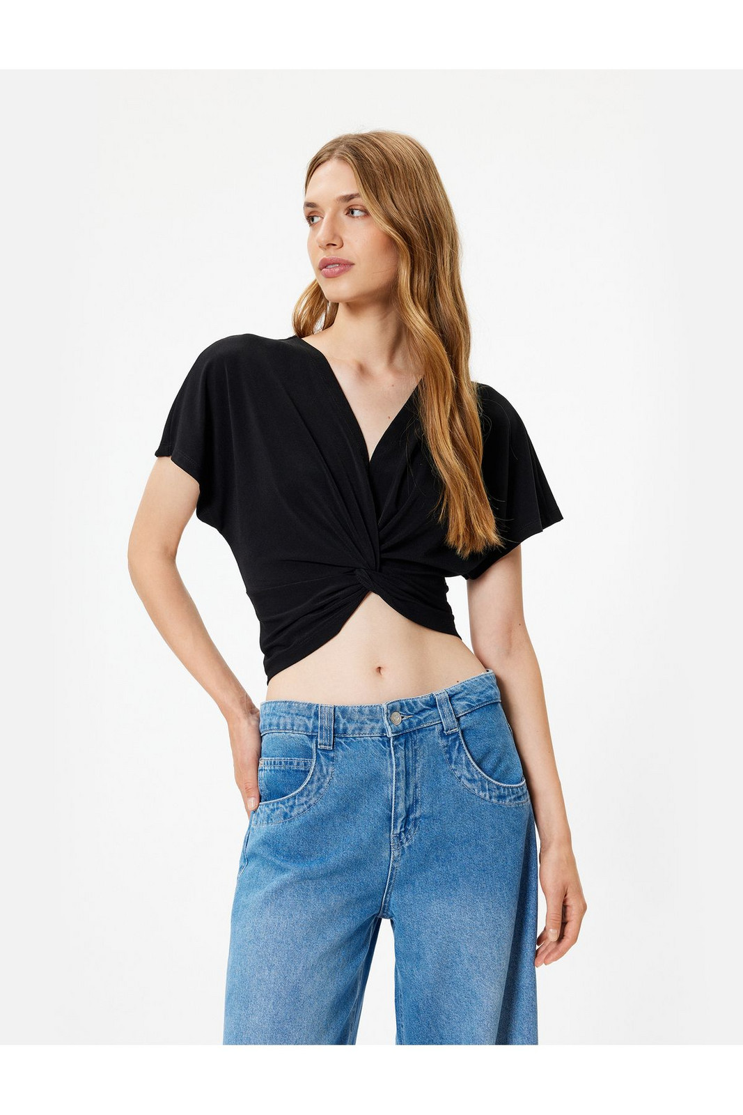 Koton Crop Blouse Knot Detailed V-Neck Short Bat Sleeve