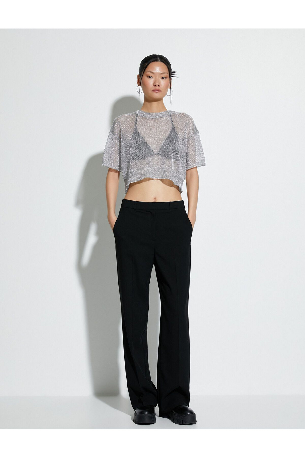 Koton Crop Mercerized Sweater Metallic Glitter Short Sleeve