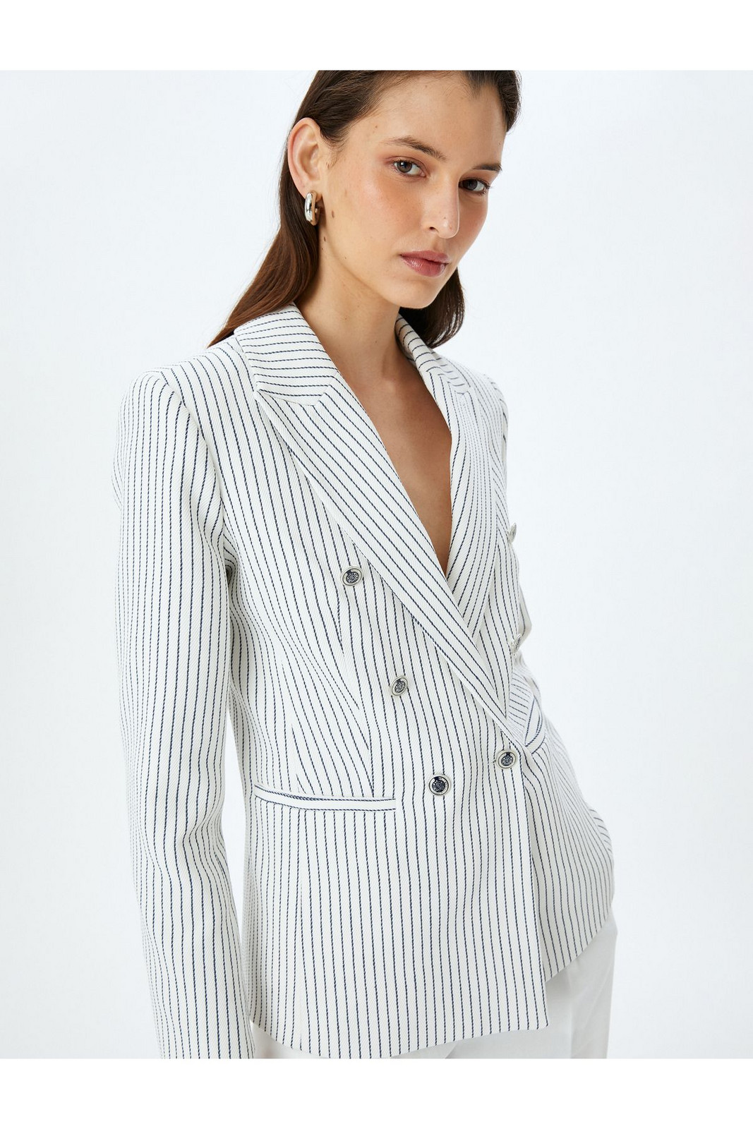 Koton Double Breasted Striped Blazer Jacket with Buttoned Pockets