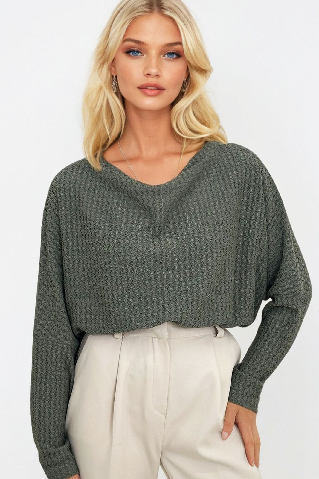 Trend Alaçatı Stili Women's Khaki Degaje Lapel Wide Cut Knitted Blouse