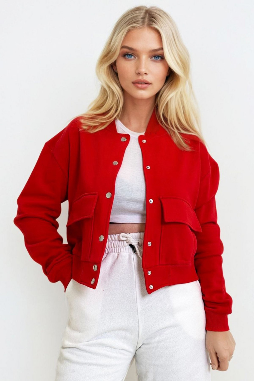 Trend Alaçatı Stili Women's Red Snap Closure Double Pocket Raster Crop Jacket