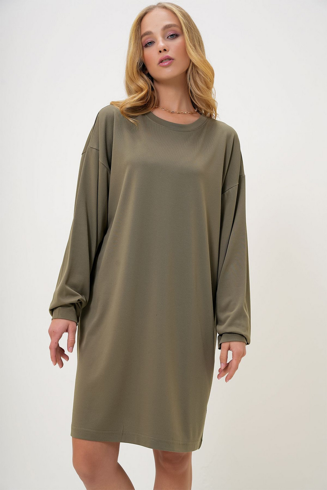 Trend Alaçatı Stili Women's Khaki Crew Neck Sweatshirt Dress