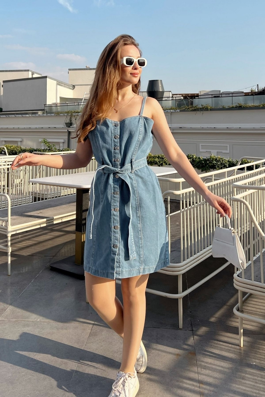 Bianco Lucci Women's Strappy All-over Buttoned Belted Denim Dress