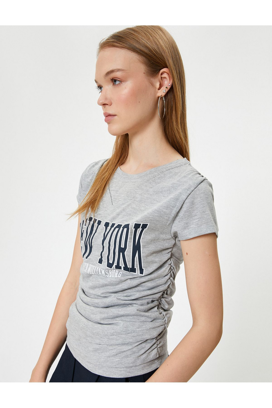 Koton College T-Shirt Printed Double Breasted Collar Gather Detailed Slim Fit Viscose Blended