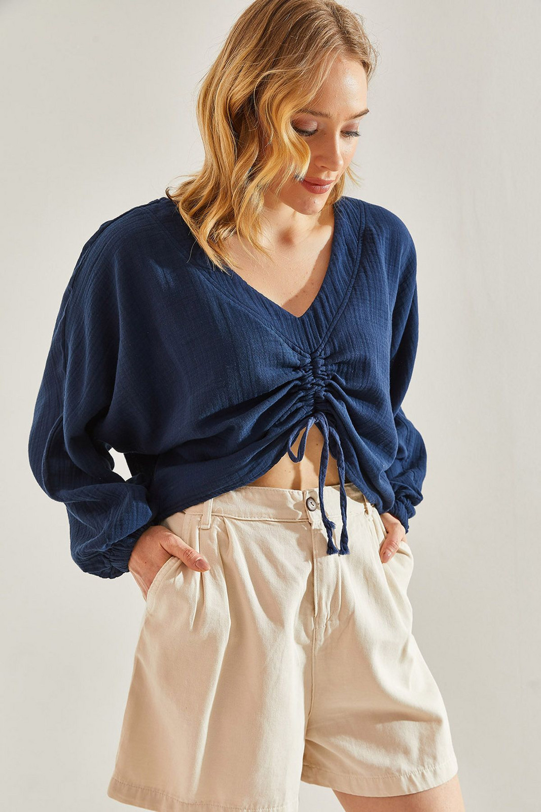 Bianco Lucci Women's Front Gathered Muslin Linen Fabric Blouse