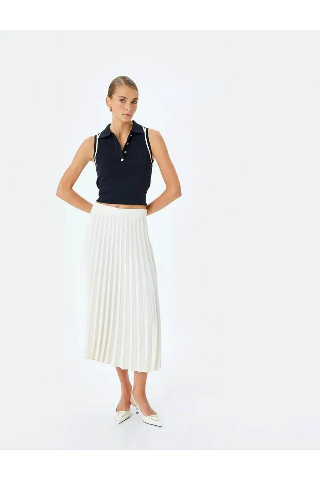 Koton Crepe Fabric Standard Waist Midi Length Pleated Skirt