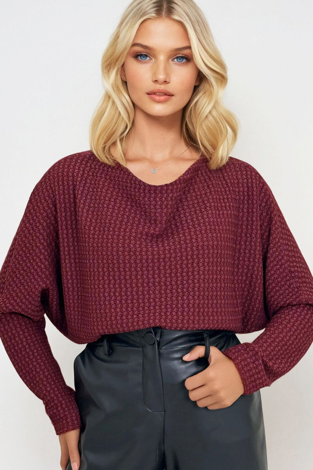 Trend Alaçatı Stili Women's Burgundy Degaje Collar Wide Cut Knitted Blouse