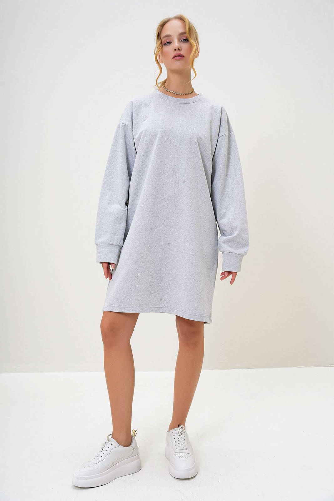 Trend Alaçatı Stili Women's Grey Melange Crew Neck Sweatshirt Dress
