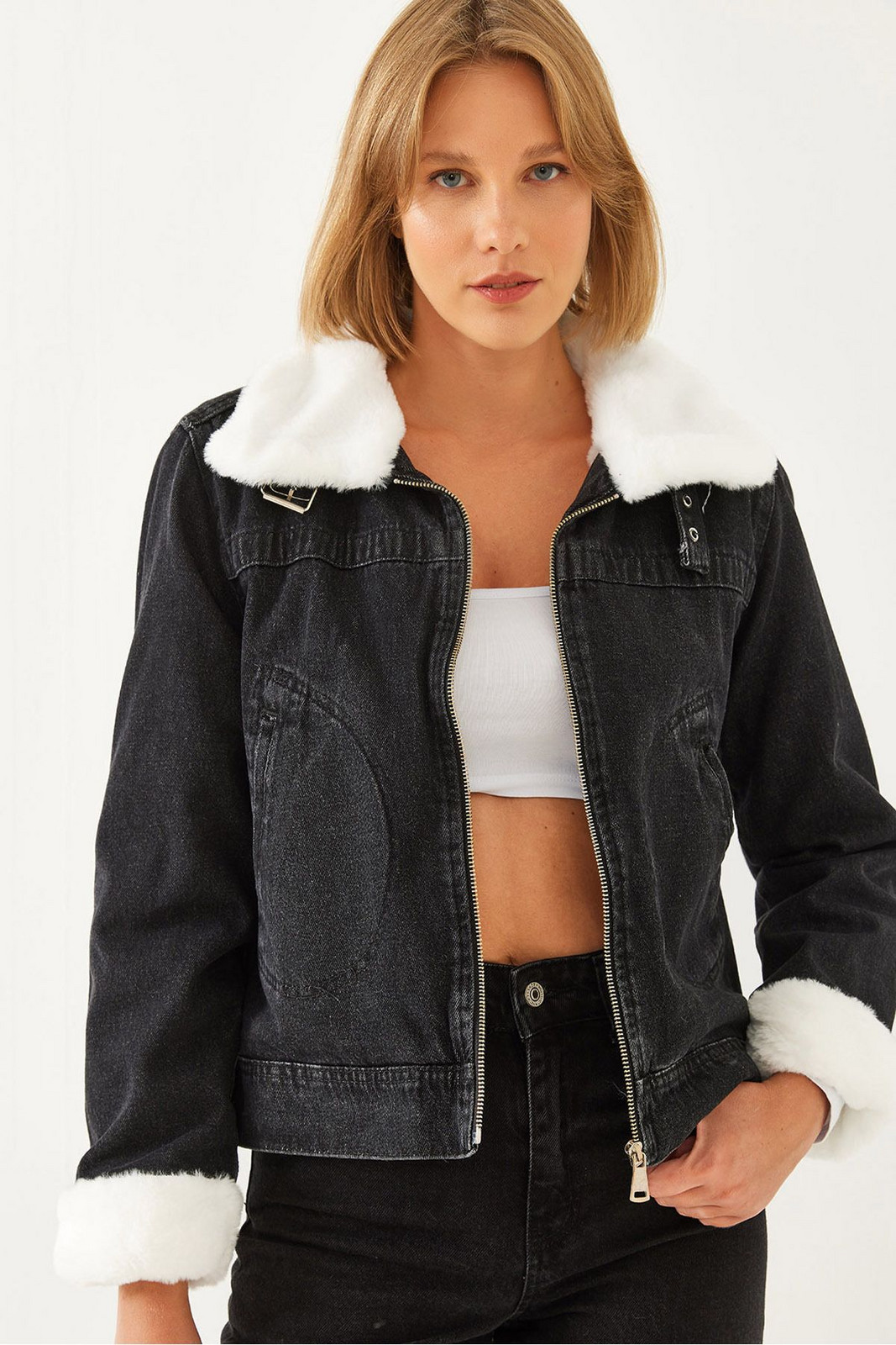 Bianco Lucci Women's Fur Denim Coat 2409
