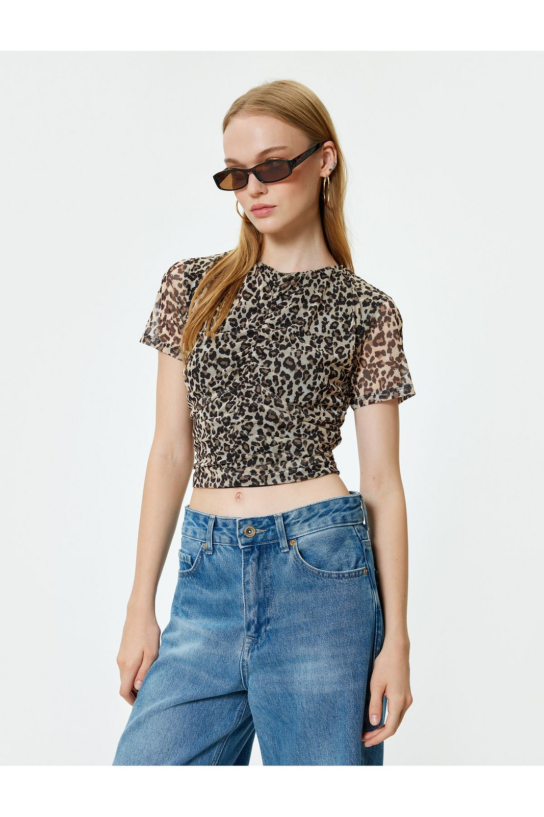 Koton Chiffon Blouse Leopard Patterned Short Sleeve Gathered Crew Neck