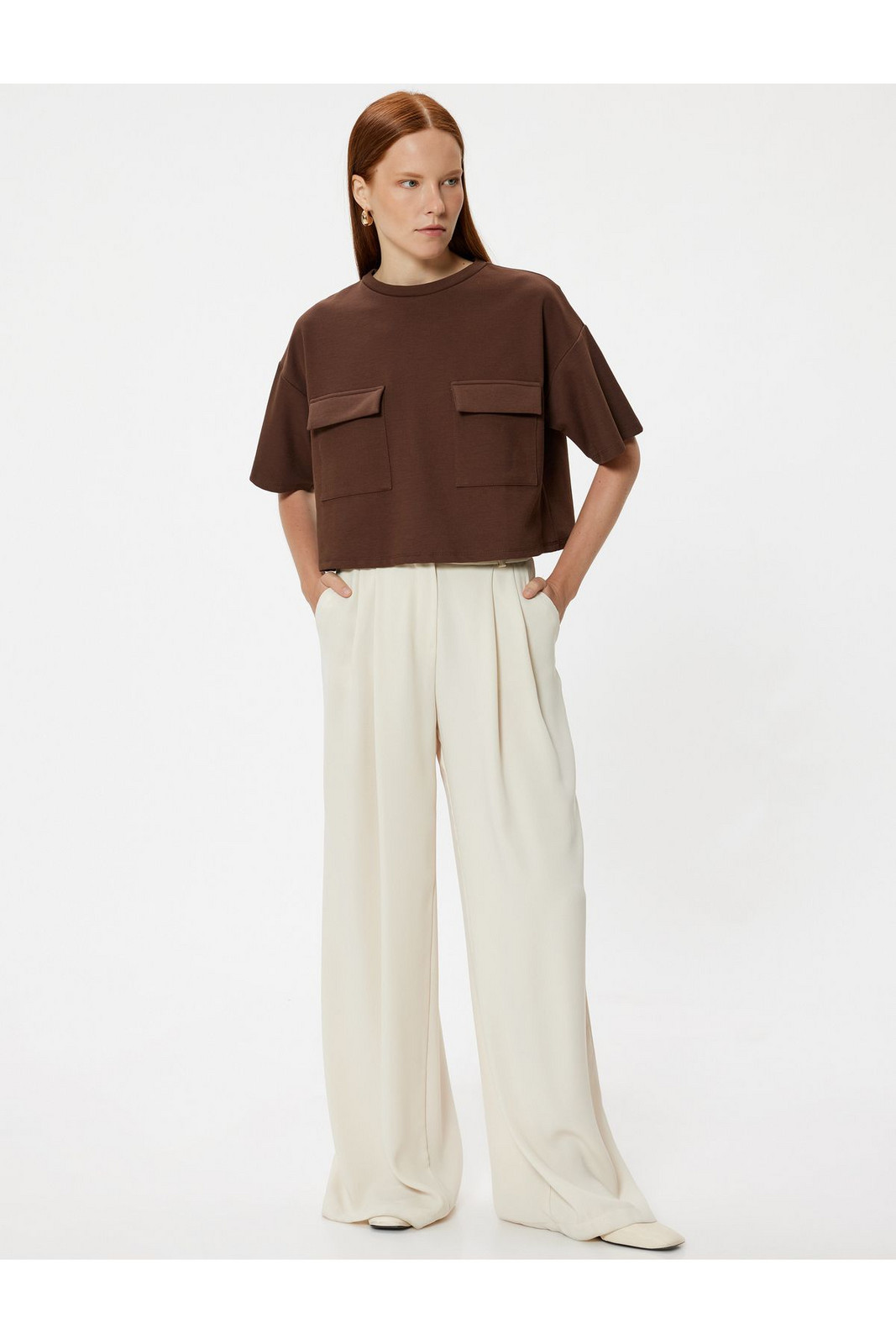Koton Capped Pocket Detailed Short Sleeve Crew Neck Crop T-Shirt
