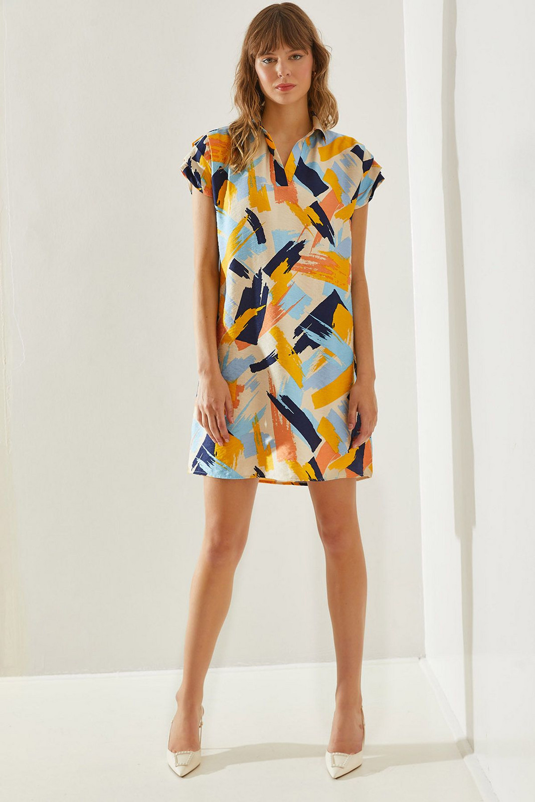 Bianco Lucci Women's Polo Collar Patterned Summer Dress Dress