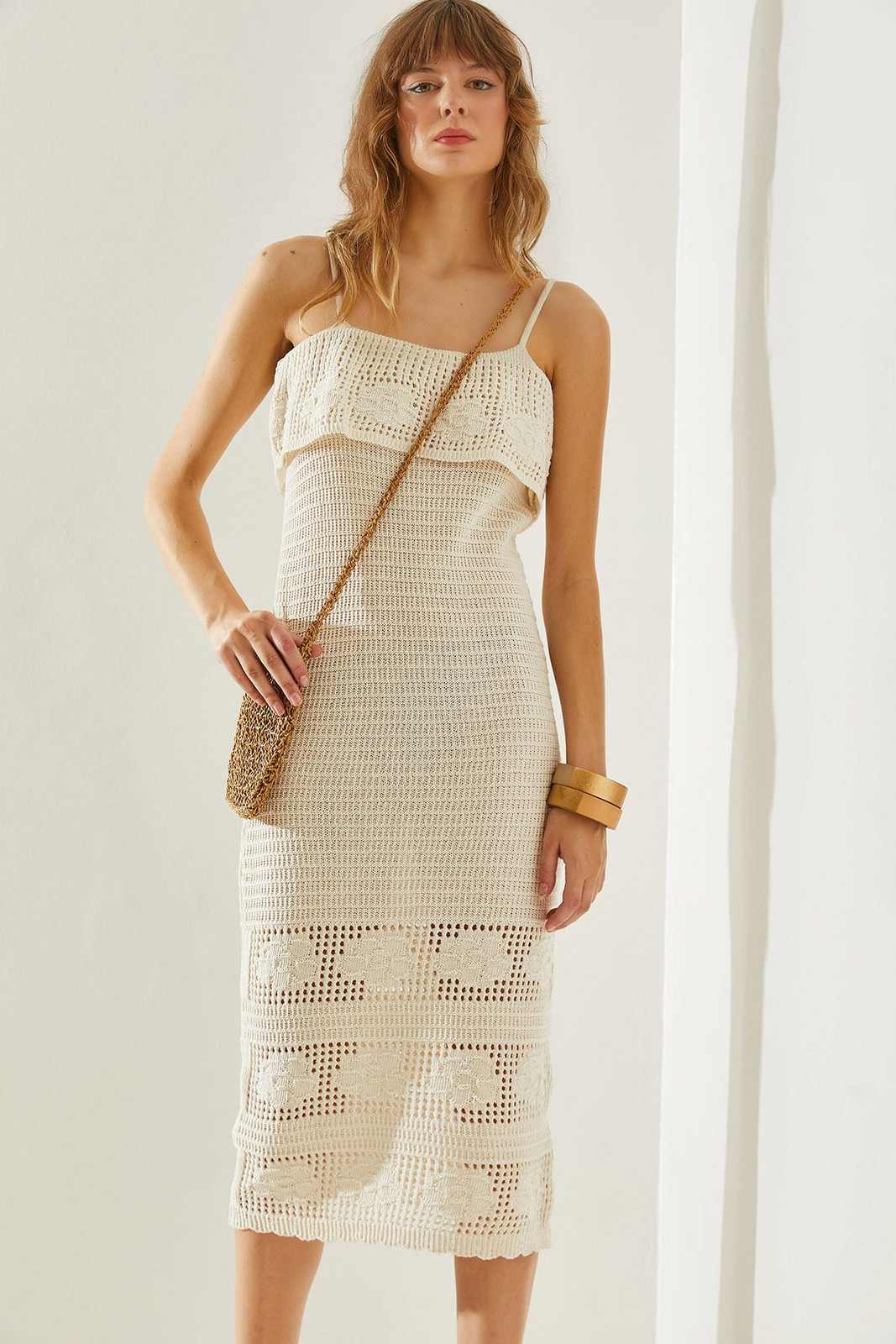 Bianco Lucci Women's Strappy Lined Openwork Summer Knitwear Dress