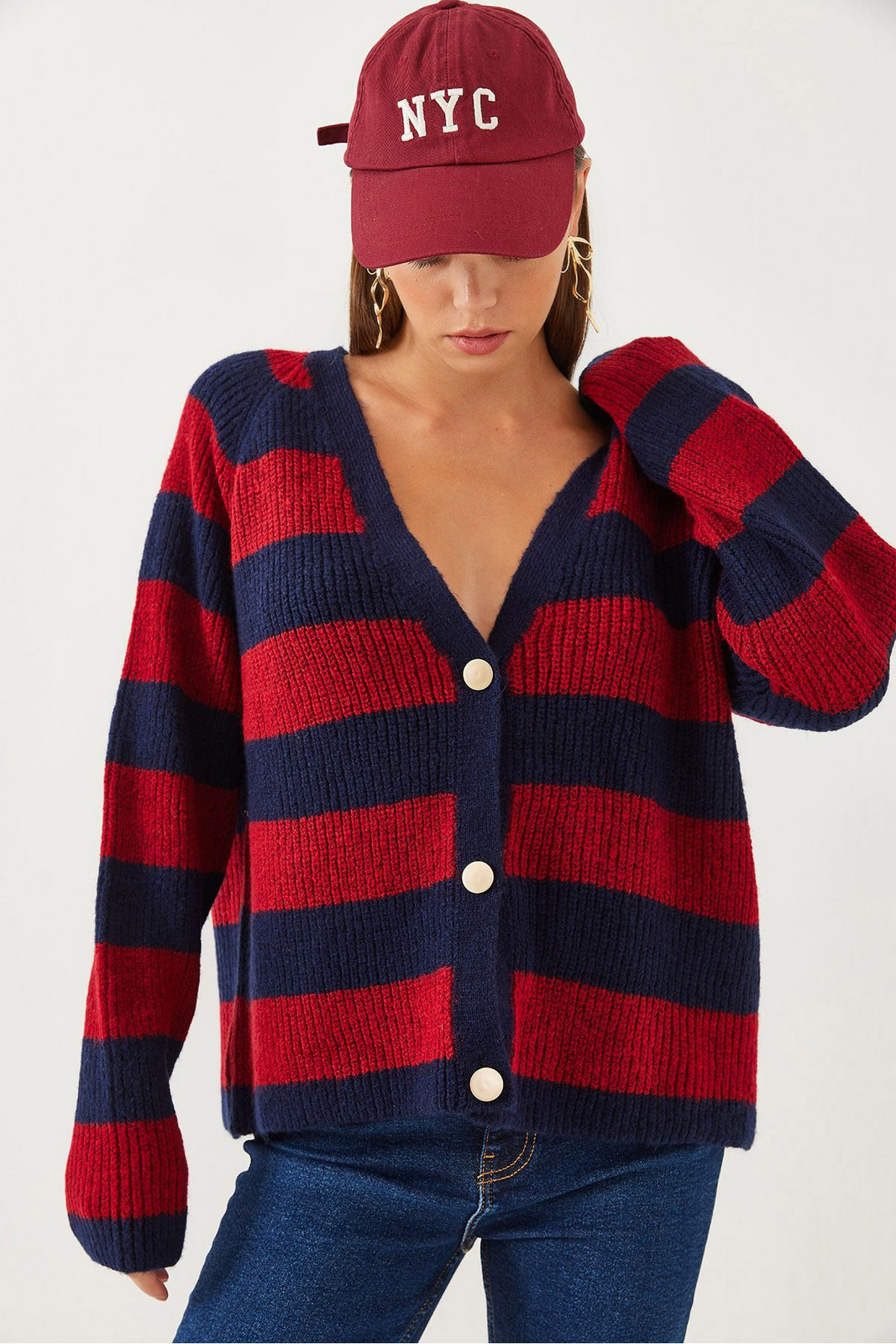 Bianco Lucci Women's Striped Three-Button Knitted Cardigan