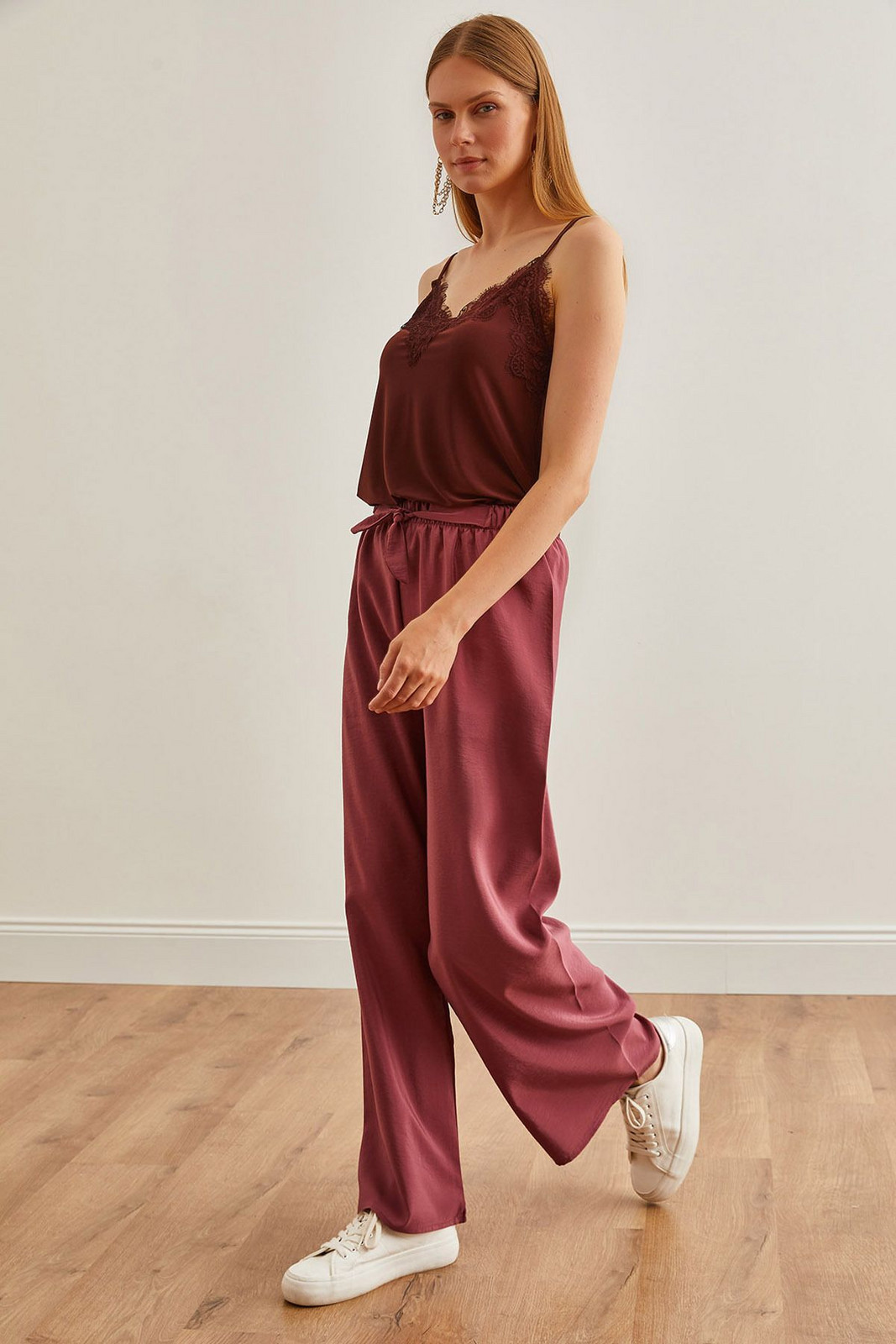 Olalook Women's Dusty Rose Belted Elastic Waist Palazzo Ayrobin Trousers