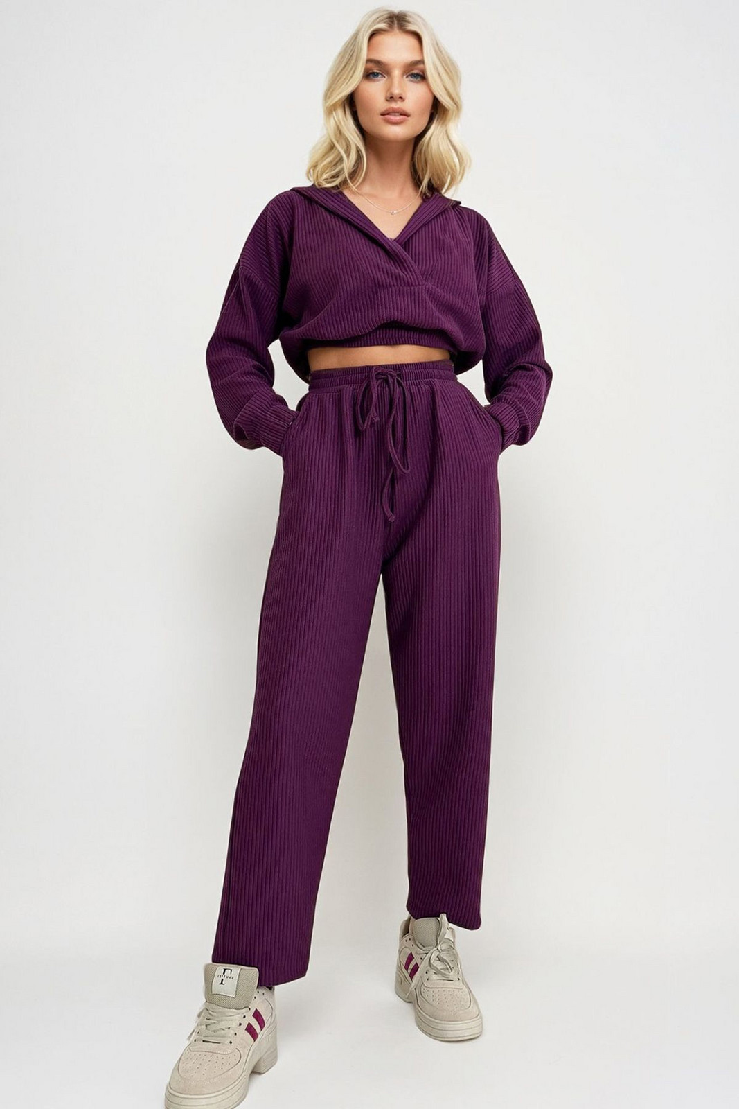 Trend Alaçatı Stili Women's Plum Hooded Double Breasted Loose Cut Seasonal Bottom Top Set