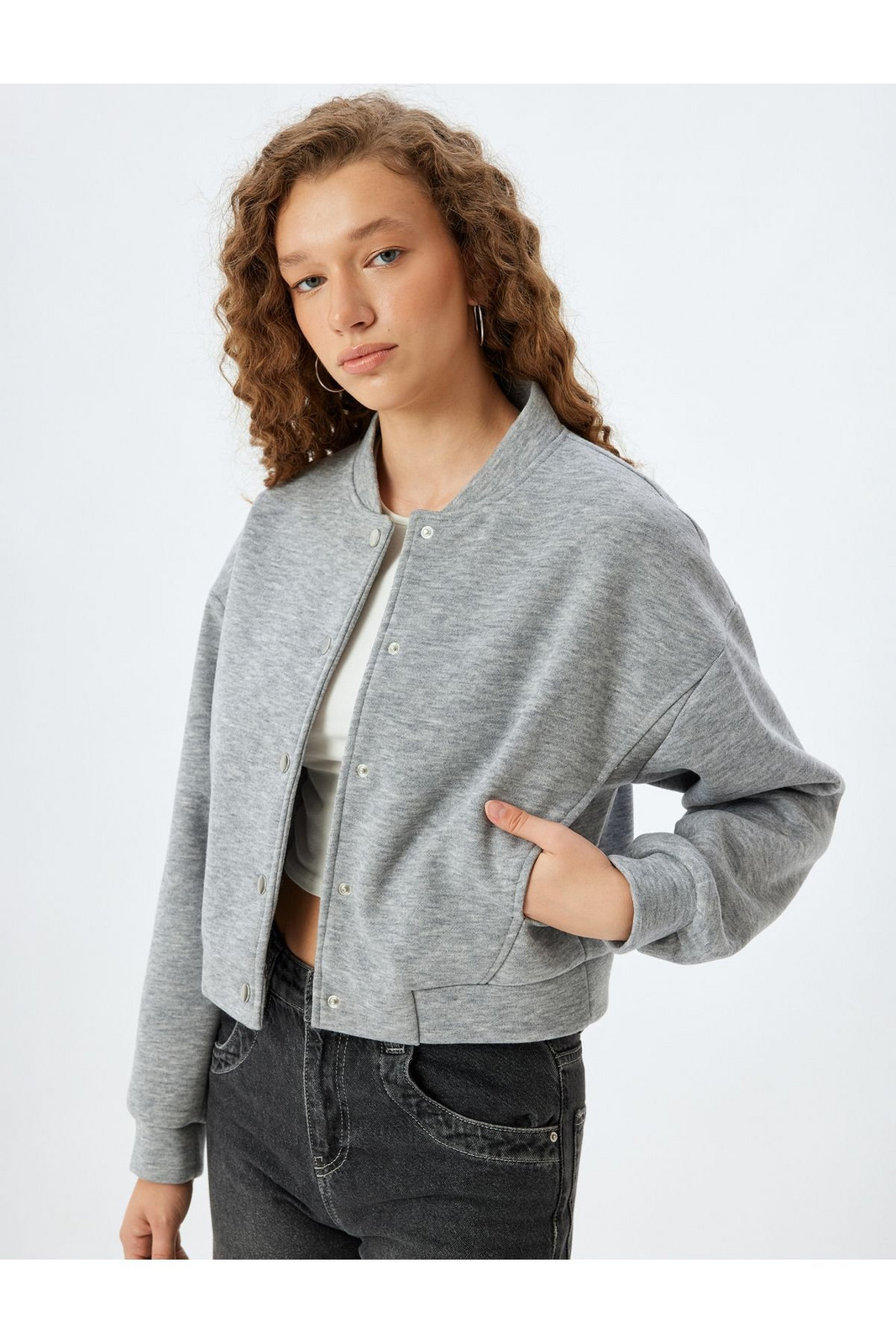 Koton Casual Fit Bomber Jacket with Snap Button Pocket Detail