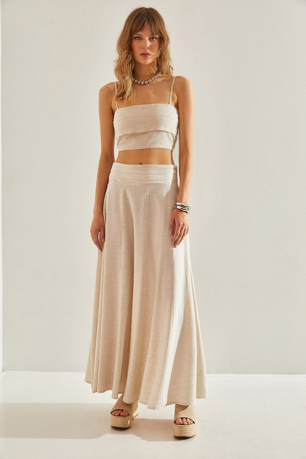 Bianco Lucci Women's Rope Strap Crop Top and Bottom Set with Flared Skirt