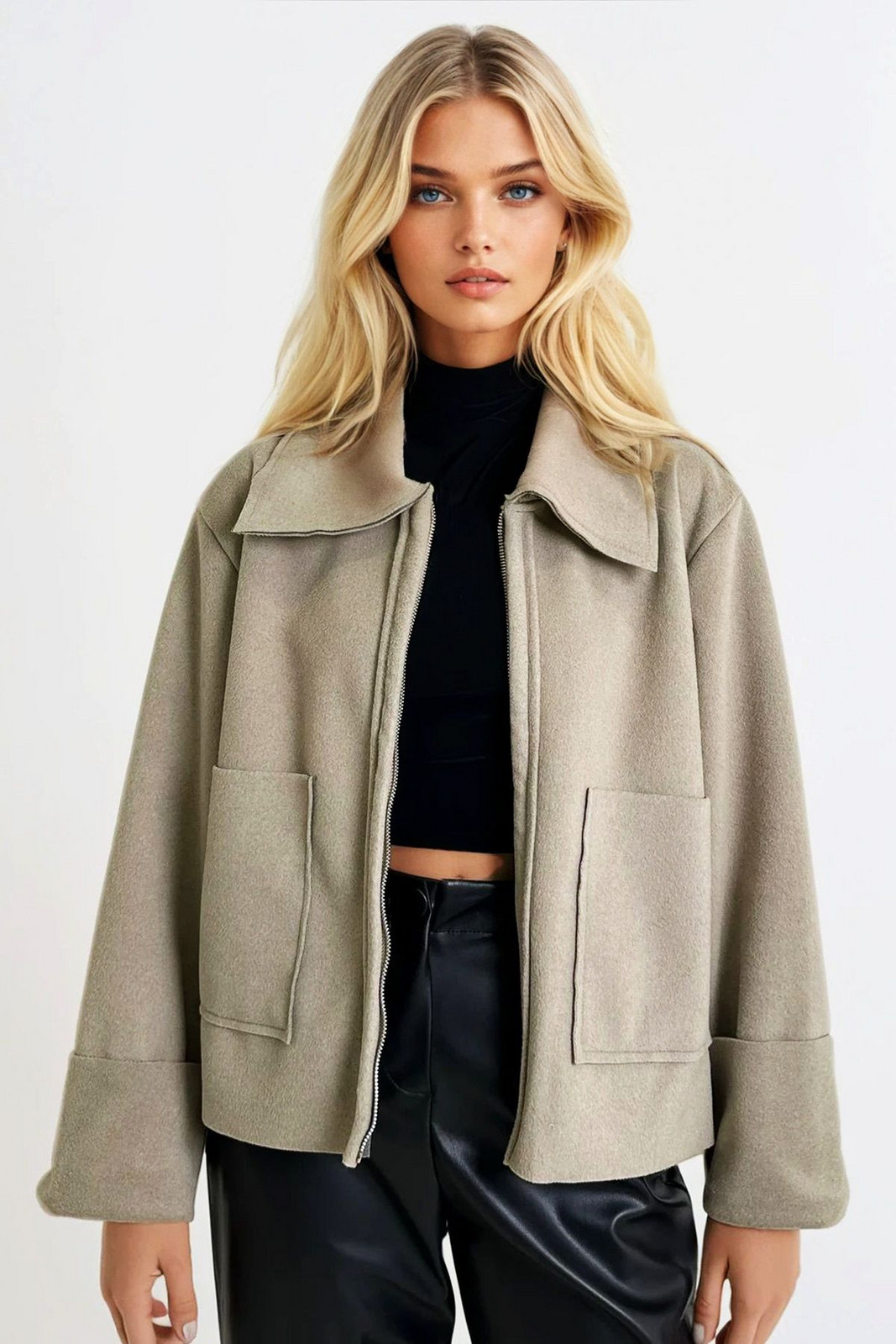 Trend Alaçatı Stili Women's Stone Shirt Collar Double Pocket Front Zippered Cashmere Jacket