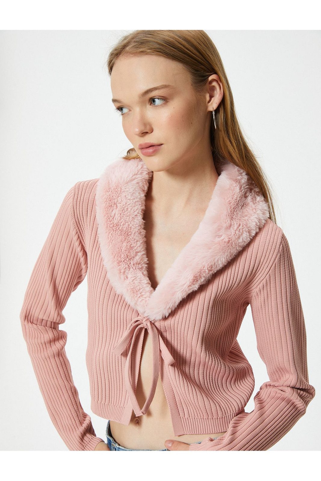 Koton Crop Cardigan Collar with Faux Für Tie Detail Slim Fit