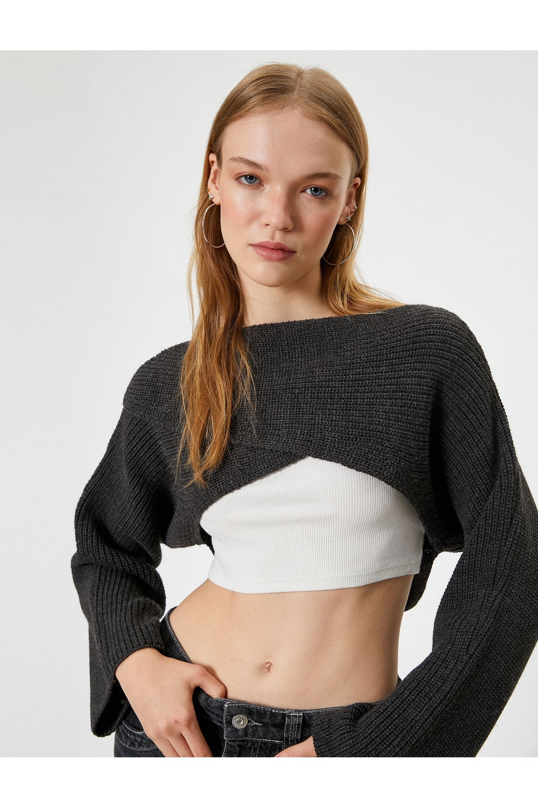 Koton Crop Knitwear Sweater Boat Neck Folded Bell Sleeve