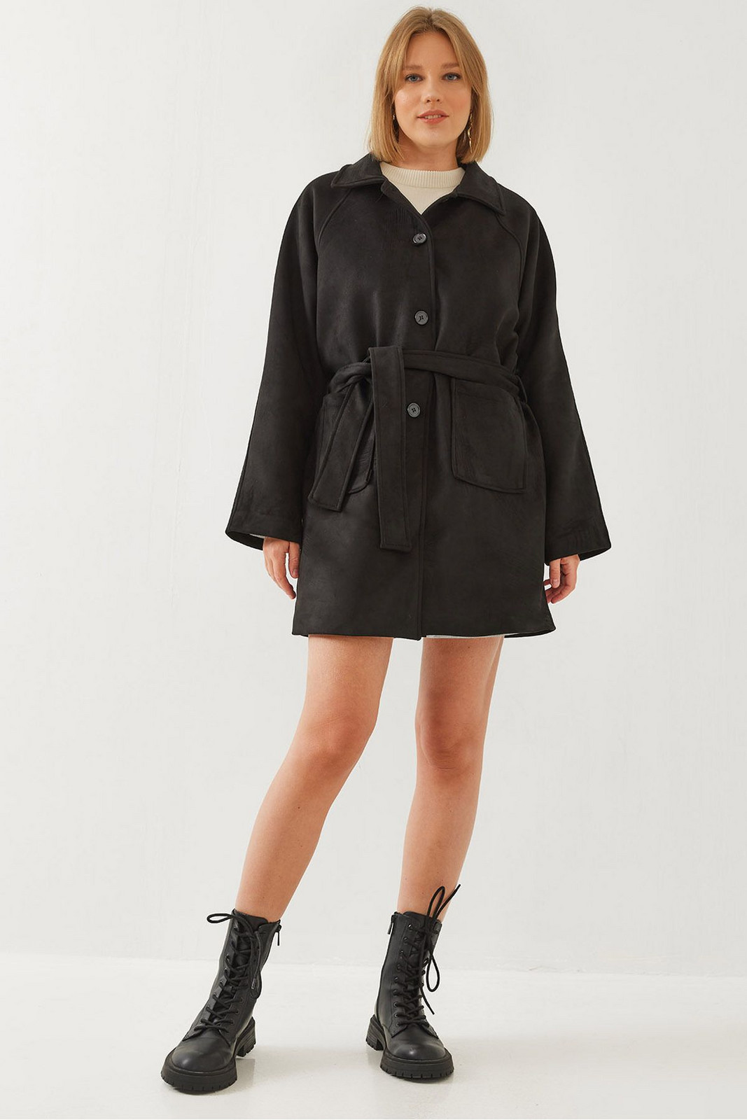 Bianco Lucci Women's Striped Lining Detail Belted Suede Trench Coat 2601