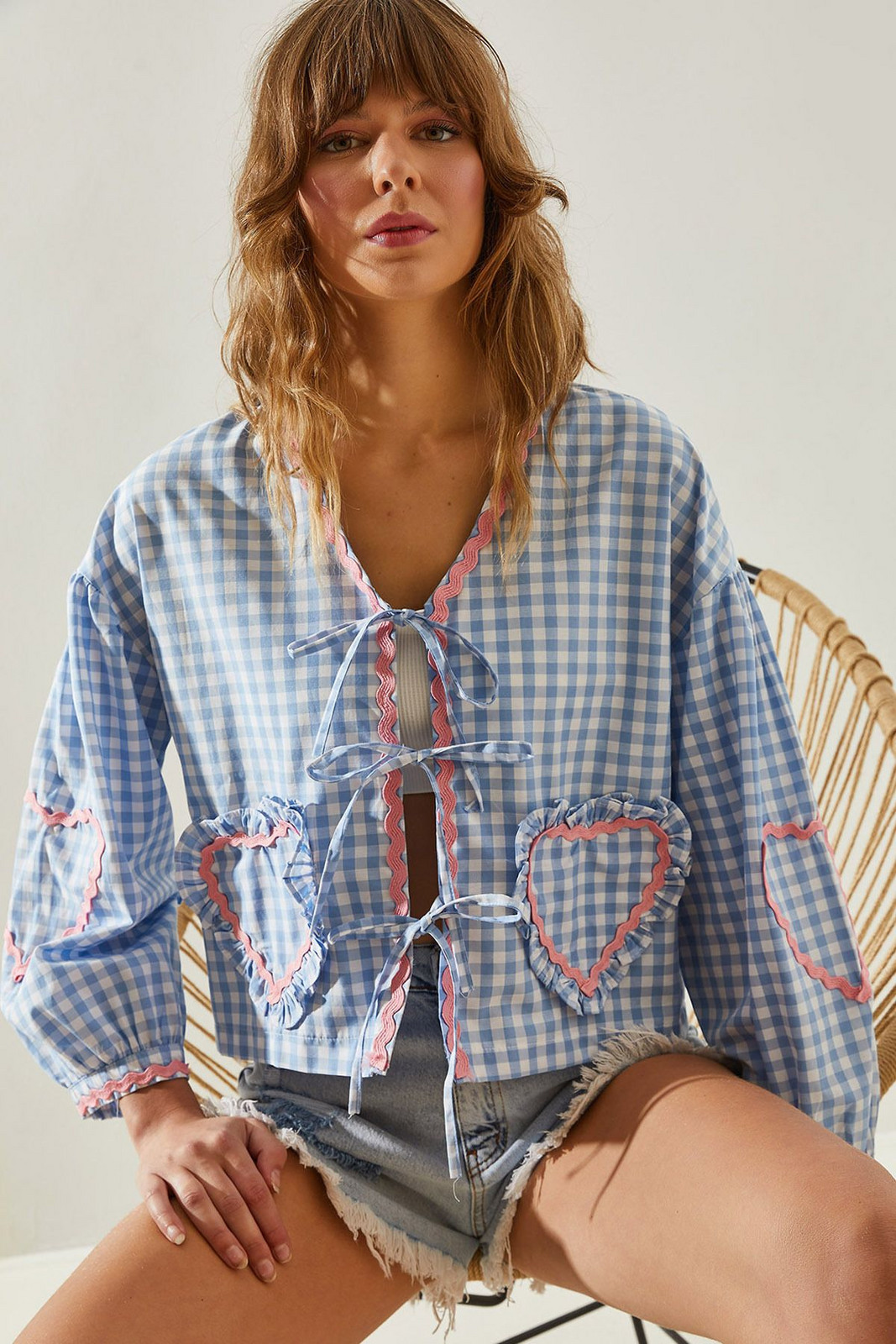 Bianco Lucci Women's Plaid Heart Embroidery Detailed Tied Blouse 31200