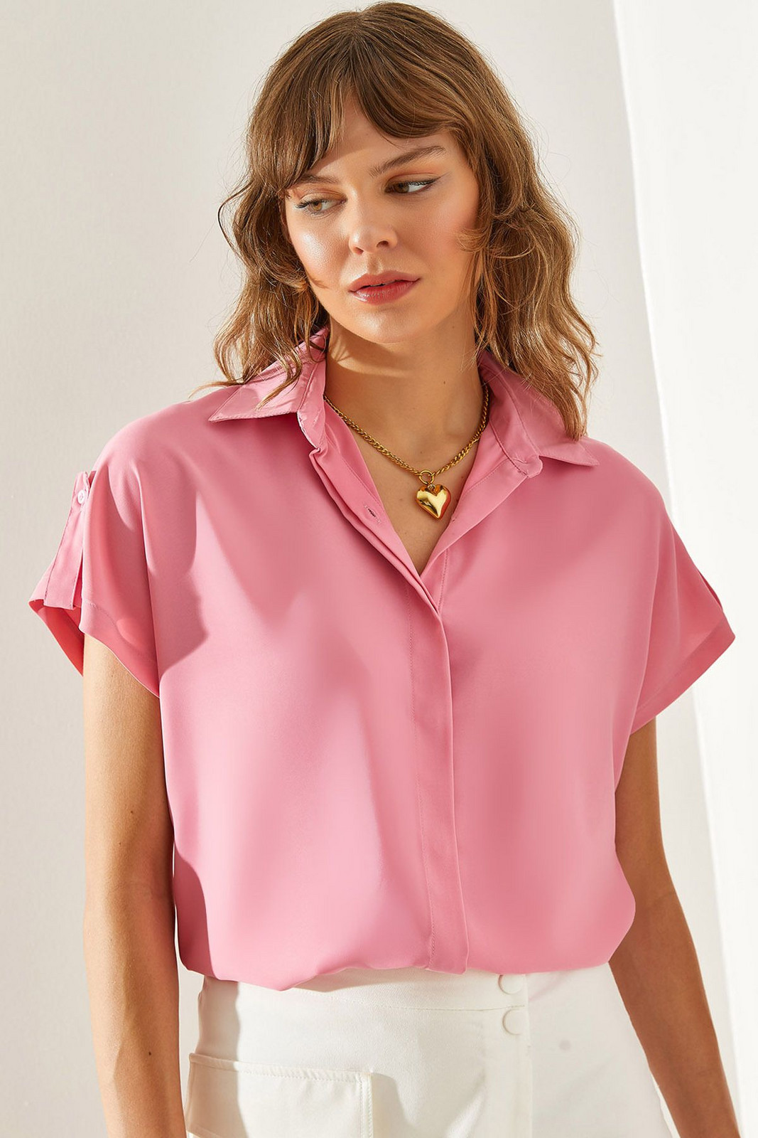 Bianco Lucci Women's Low Shoulder Fold Sleeve Detailed Slim Blouse