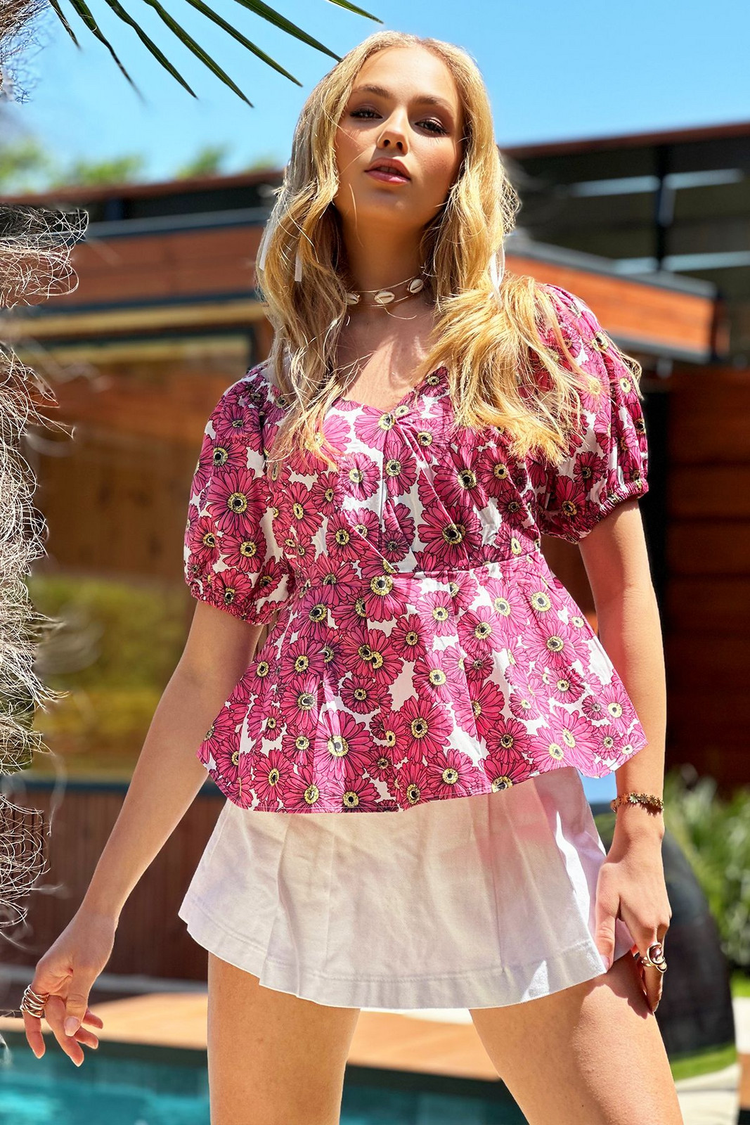 Trend Alaçatı Stili Women's Pink Kiss Collar Watermelon Sleeve Patterned Poplin Blouse