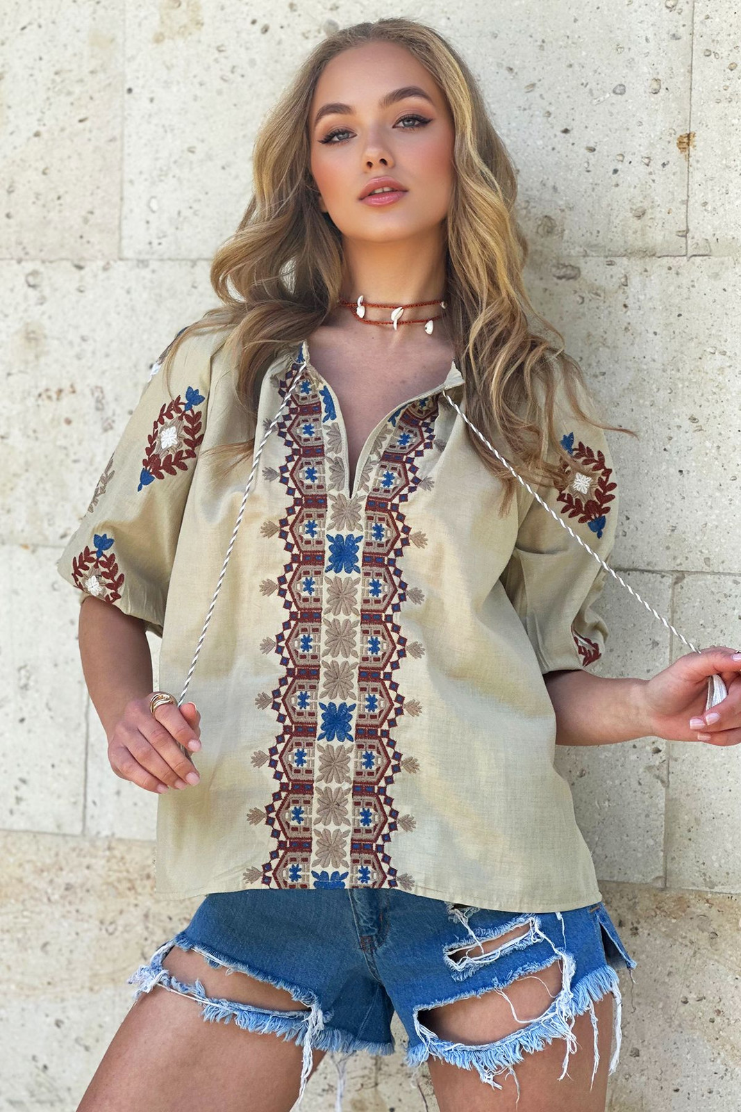 Trend Alaçatı Stili Women's Dark Beige V-Neck Tassel and Embroidery Watermelon Sleeve Woven Blouse